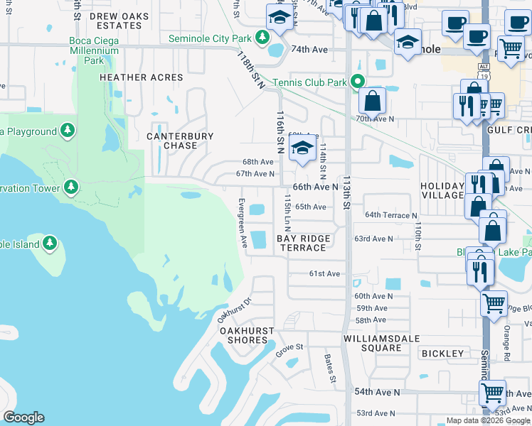 map of restaurants, bars, coffee shops, grocery stores, and more near 6476 Hillside Avenue in Seminole