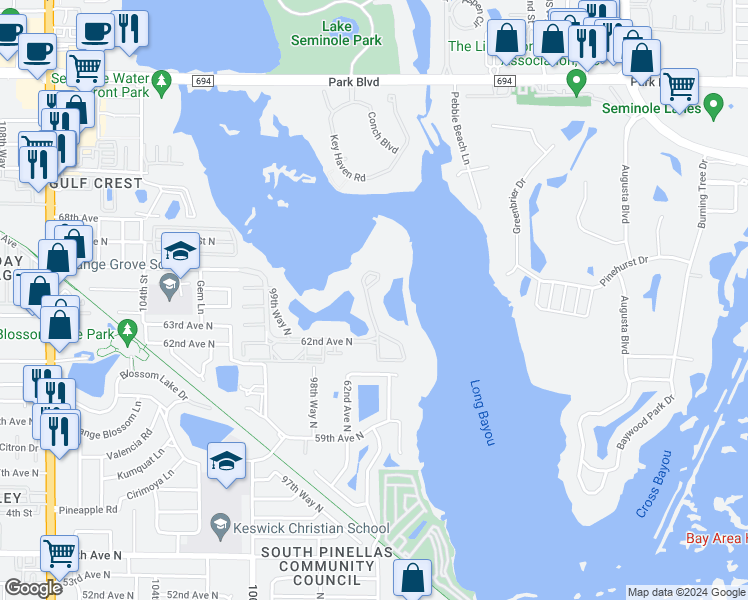 map of restaurants, bars, coffee shops, grocery stores, and more near 6475 Shoreline Drive in St. Petersburg