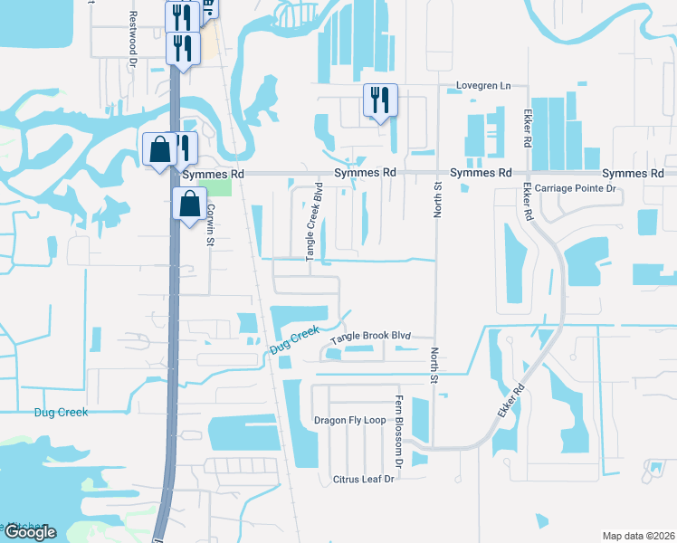 map of restaurants, bars, coffee shops, grocery stores, and more near 7416 Tangle Bend Drive in Gibsonton