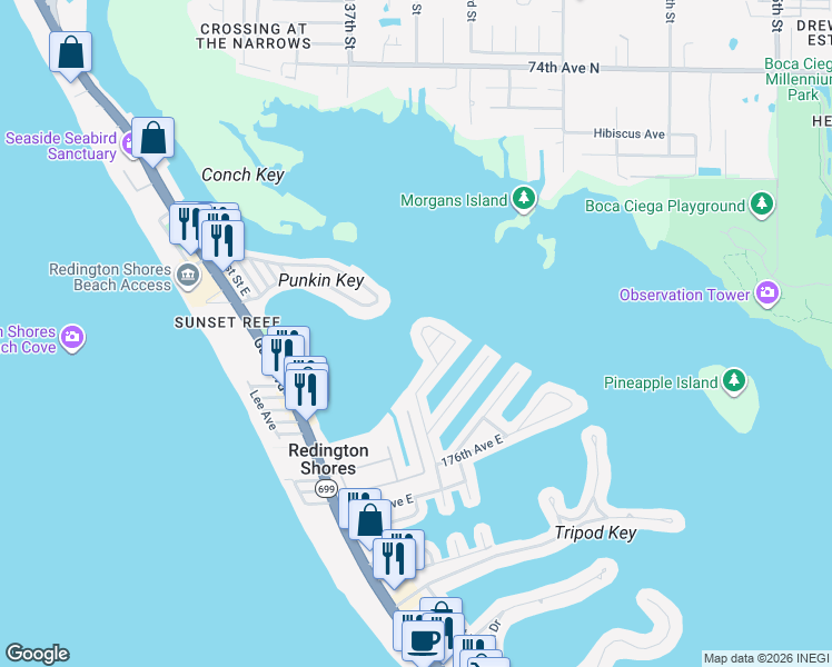 map of restaurants, bars, coffee shops, grocery stores, and more near 17726 Wall Circle in Redington Shores