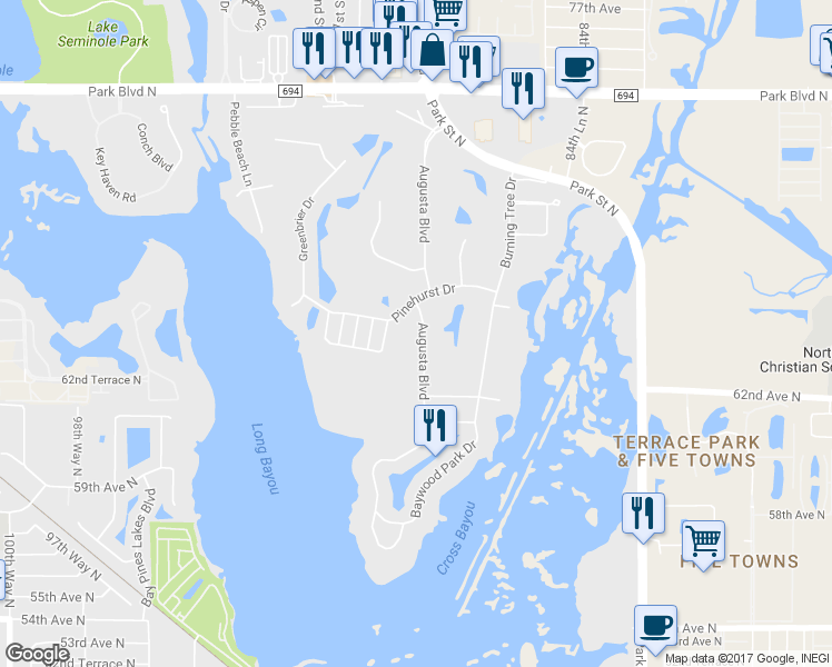 map of restaurants, bars, coffee shops, grocery stores, and more near 6488 Augusta Boulevard in Seminole