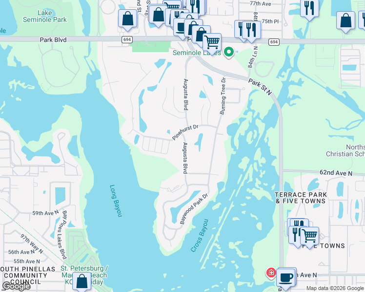 map of restaurants, bars, coffee shops, grocery stores, and more near 6488 Augusta Boulevard in Seminole