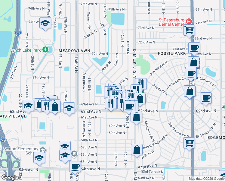 map of restaurants, bars, coffee shops, grocery stores, and more near 6501 Kingswood Drive North in St. Petersburg