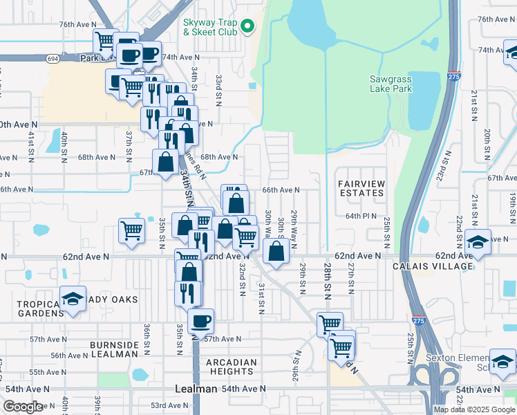 map of restaurants, bars, coffee shops, grocery stores, and more near 6493 31st Street North in St. Petersburg