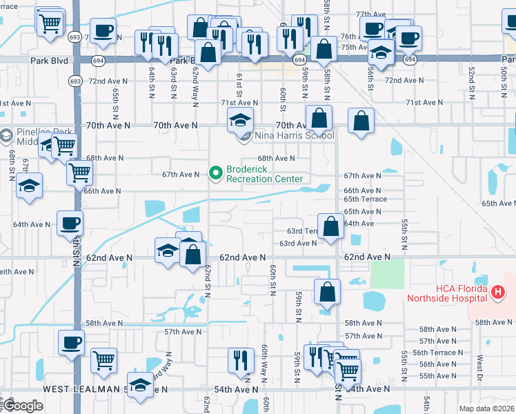 map of restaurants, bars, coffee shops, grocery stores, and more near 6041 65th Avenue North in Pinellas Park