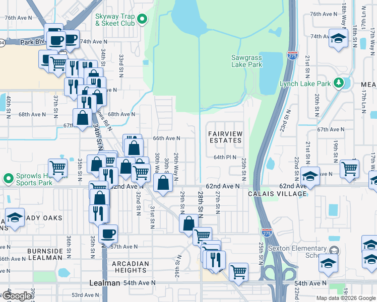 map of restaurants, bars, coffee shops, grocery stores, and more near 6491 29th Street North in St. Petersburg