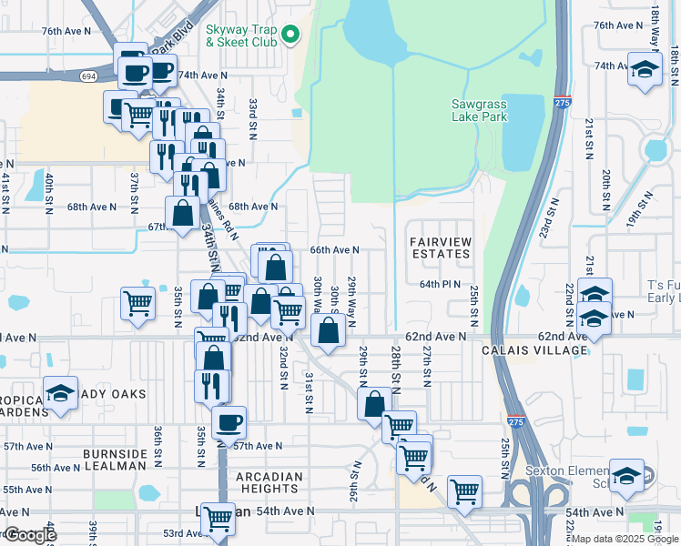 map of restaurants, bars, coffee shops, grocery stores, and more near 6489 30th Street North in St. Petersburg