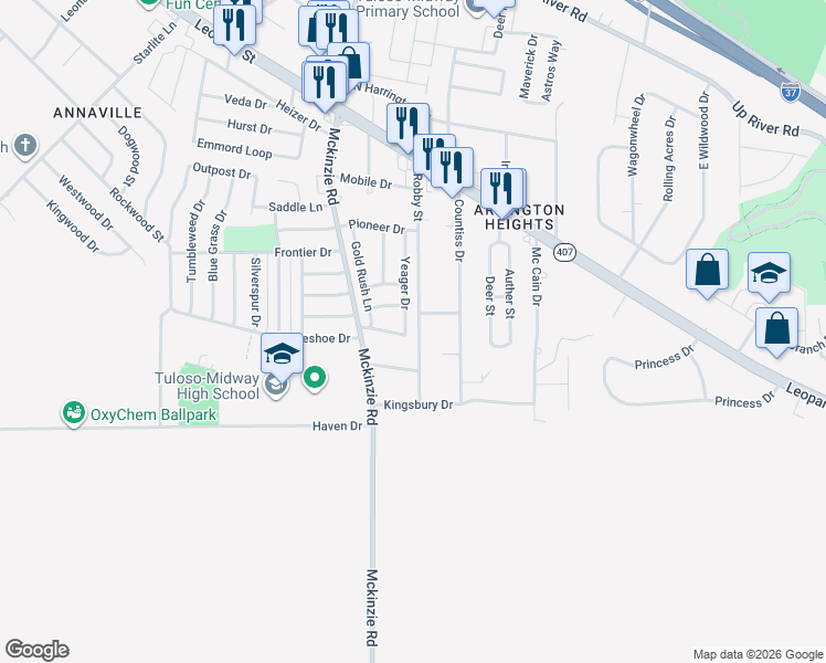 map of restaurants, bars, coffee shops, grocery stores, and more near 2605 Robby Street in Corpus Christi