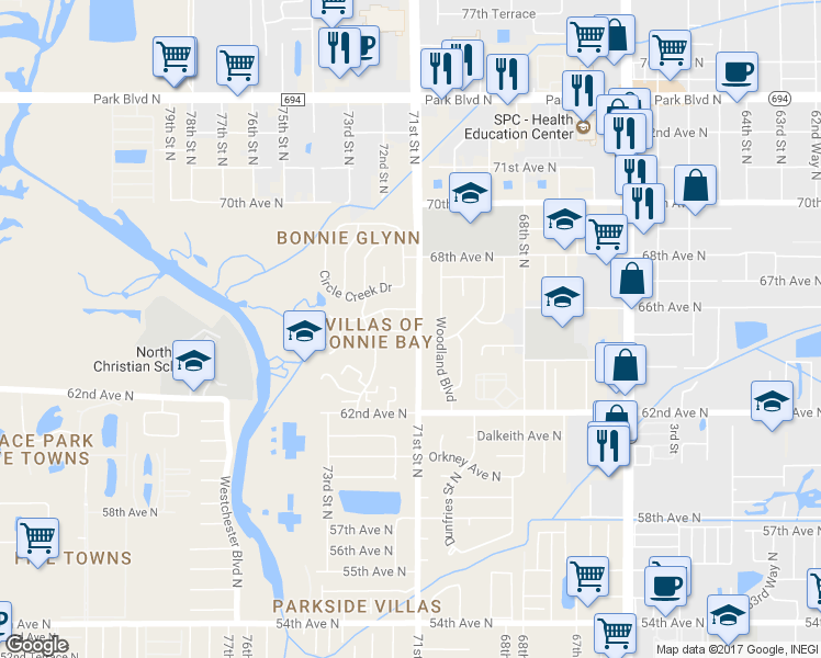 map of restaurants, bars, coffee shops, grocery stores, and more near 6571 Channelside Terrace in Pinellas Park