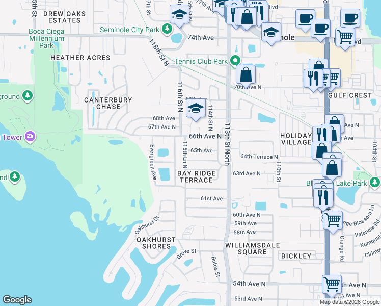 map of restaurants, bars, coffee shops, grocery stores, and more near 11572 65th Avenue North in Seminole