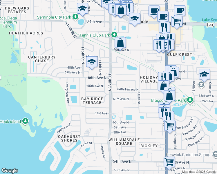 map of restaurants, bars, coffee shops, grocery stores, and more near 6472 113th Street in Seminole