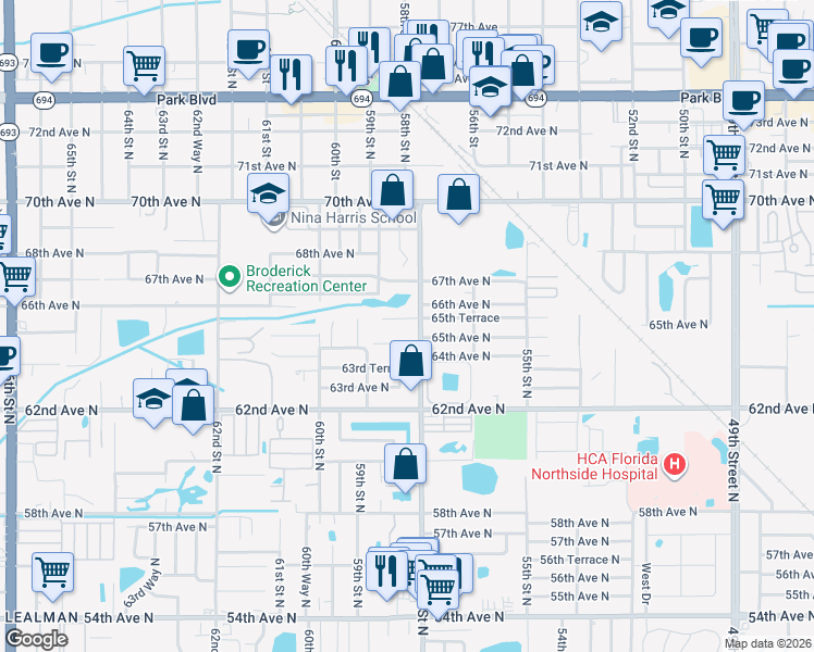 map of restaurants, bars, coffee shops, grocery stores, and more near 5800 65th Terrace in Pinellas Park
