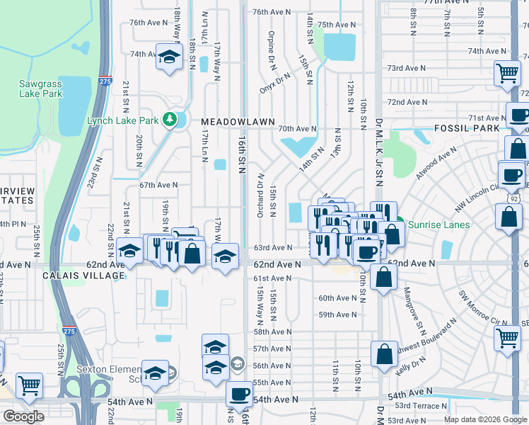 map of restaurants, bars, coffee shops, grocery stores, and more near 6500 Orchard Drive North in St. Petersburg