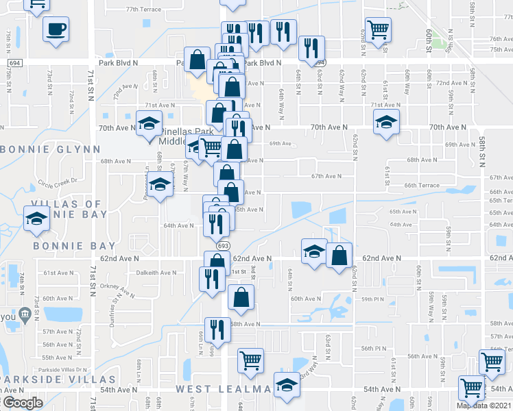 map of restaurants, bars, coffee shops, grocery stores, and more near 6511 65th Avenue North in Pinellas Park