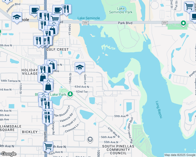 map of restaurants, bars, coffee shops, grocery stores, and more near 6449 101st Way North in Seminole