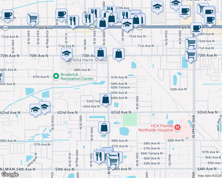map of restaurants, bars, coffee shops, grocery stores, and more near 5740 65th Terrace North in Pinellas Park