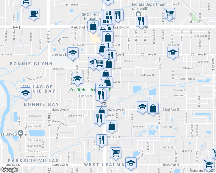 map of restaurants, bars, coffee shops, grocery stores, and more near 6501 66th Street North in Pinellas Park