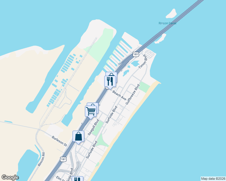 map of restaurants, bars, coffee shops, grocery stores, and more near 509 Beach Avenue in Corpus Christi