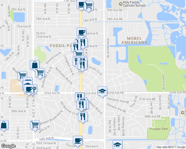 map of restaurants, bars, coffee shops, grocery stores, and more near 143 NE Monroe Cir N in St Petersburg
