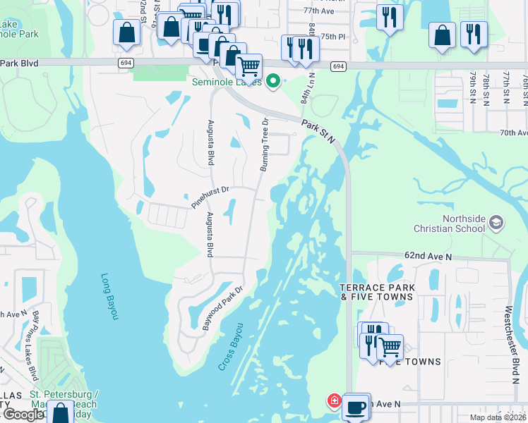 map of restaurants, bars, coffee shops, grocery stores, and more near 6525 Burning Tree Drive in Seminole