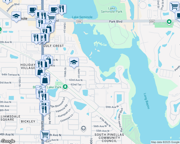 map of restaurants, bars, coffee shops, grocery stores, and more near 6449 101st Way North in Seminole