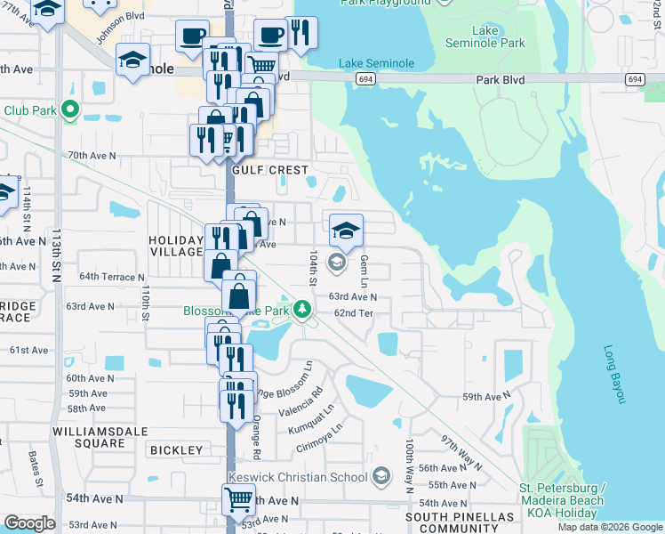 map of restaurants, bars, coffee shops, grocery stores, and more near 10300 65th Avenue North in Seminole