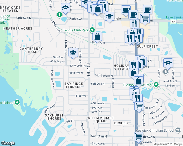 map of restaurants, bars, coffee shops, grocery stores, and more near 6472 113th Street in Seminole
