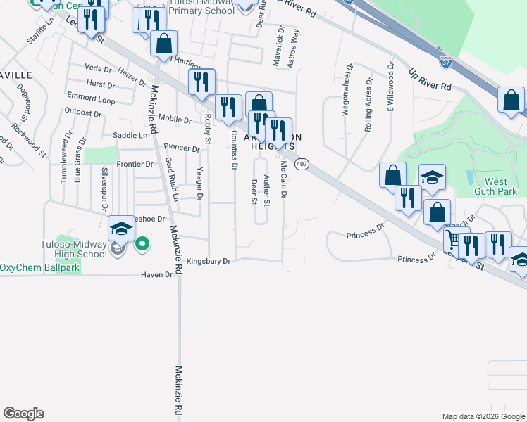 map of restaurants, bars, coffee shops, grocery stores, and more near 2608 Deer Street in Corpus Christi