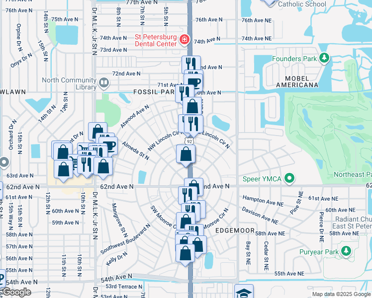 map of restaurants, bars, coffee shops, grocery stores, and more near 115 Northwest Madison Circle North in St. Petersburg
