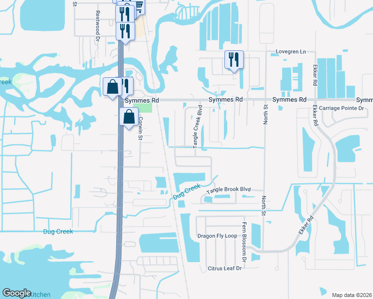 map of restaurants, bars, coffee shops, grocery stores, and more near 7320 Tangle Bend Drive in Gibsonton