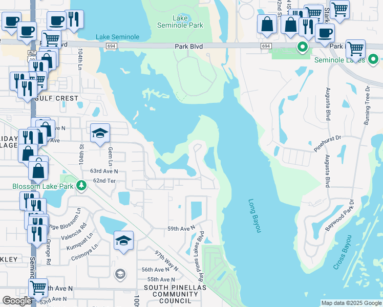 map of restaurants, bars, coffee shops, grocery stores, and more near 6450 Shoreline Drive in St. Petersburg
