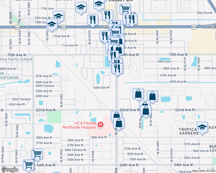 map of restaurants, bars, coffee shops, grocery stores, and more near 6500 49th Way North in Pinellas Park