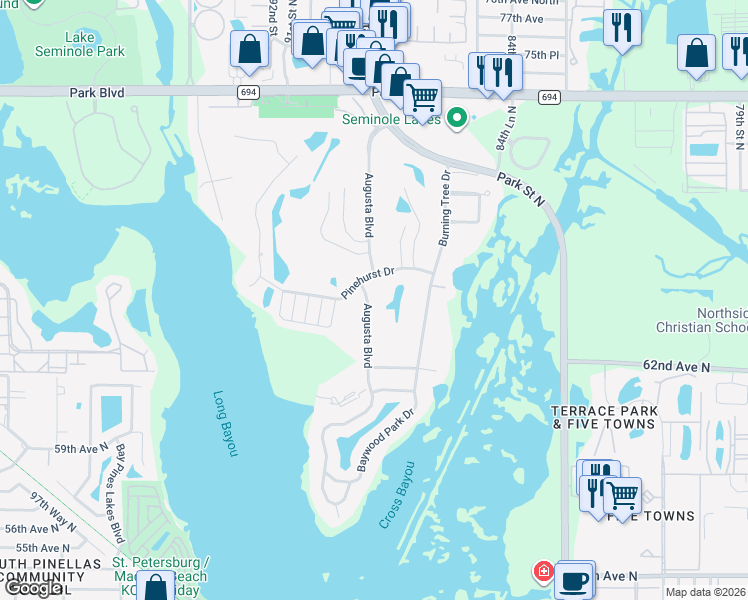 map of restaurants, bars, coffee shops, grocery stores, and more near 6488 Augusta Boulevard in Seminole