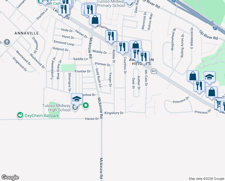 map of restaurants, bars, coffee shops, grocery stores, and more near 2605 Robby Street in Corpus Christi