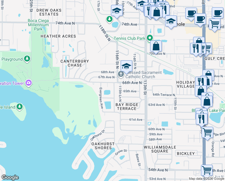 map of restaurants, bars, coffee shops, grocery stores, and more near 6476 Hillside Avenue in Seminole