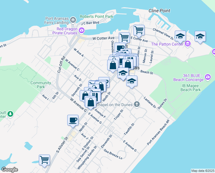 map of restaurants, bars, coffee shops, grocery stores, and more near 211 South Alister Street in Port Aransas