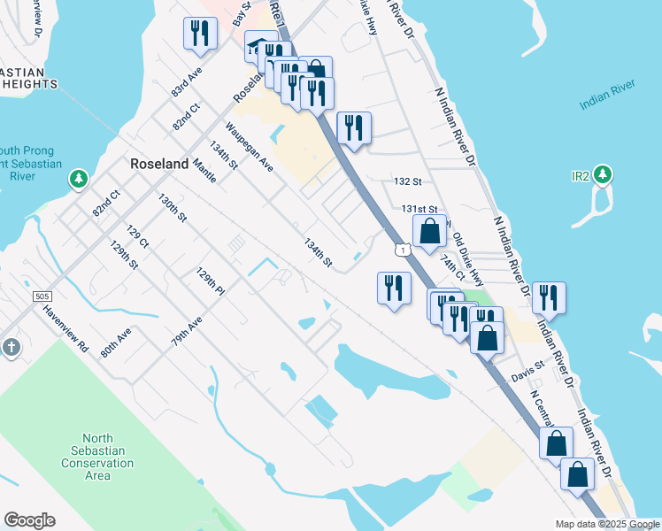 map of restaurants, bars, coffee shops, grocery stores, and more near 4965 134th Street in Sebastian