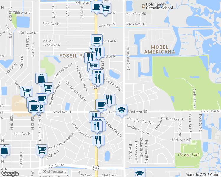 map of restaurants, bars, coffee shops, grocery stores, and more near 142 Northeast Monroe Circle North in St. Petersburg