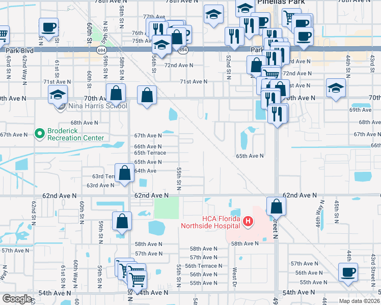 map of restaurants, bars, coffee shops, grocery stores, and more near 5401 64th Avenue North in Pinellas Park