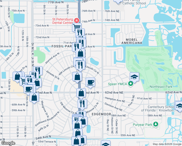 map of restaurants, bars, coffee shops, grocery stores, and more near 142 Northeast Monroe Circle North in St. Petersburg