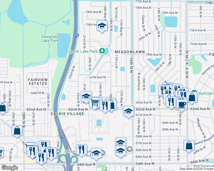 map of restaurants, bars, coffee shops, grocery stores, and more near 6517 18th Way North in St. Petersburg