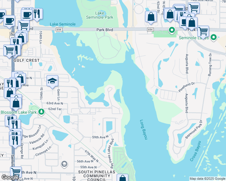 map of restaurants, bars, coffee shops, grocery stores, and more near 6475 Shoreline Drive in St. Petersburg