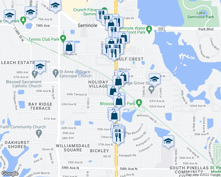 map of restaurants, bars, coffee shops, grocery stores, and more near 6580 Seminole Boulevard in Seminole