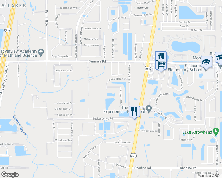 map of restaurants, bars, coffee shops, grocery stores, and more near 11509 Storywood Drive in Riverview