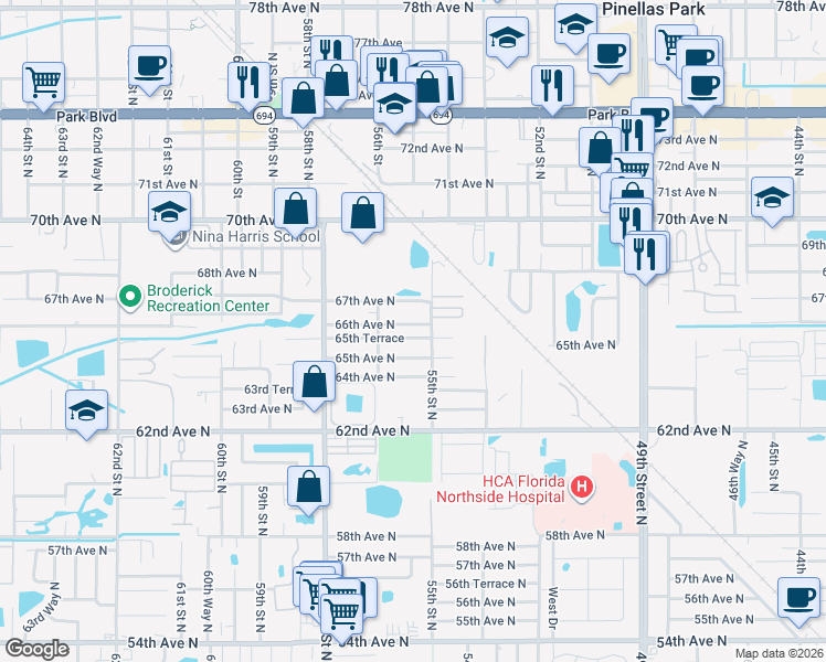 map of restaurants, bars, coffee shops, grocery stores, and more near 5511 65th Avenue North in Pinellas Park