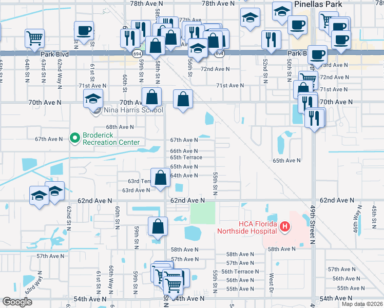 map of restaurants, bars, coffee shops, grocery stores, and more near 5591 65th Avenue North in Pinellas Park
