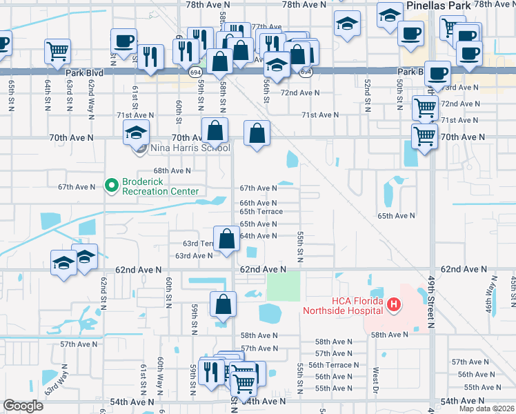 map of restaurants, bars, coffee shops, grocery stores, and more near 5711 65th Avenue North in Pinellas Park