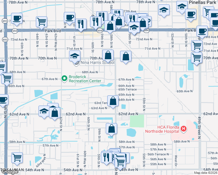 map of restaurants, bars, coffee shops, grocery stores, and more near 5800 65th Terrace in Pinellas Park