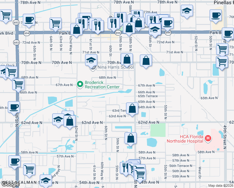 map of restaurants, bars, coffee shops, grocery stores, and more near 6519 59th Court in Pinellas Park