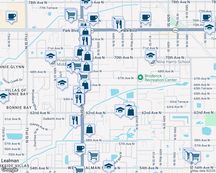 map of restaurants, bars, coffee shops, grocery stores, and more near 6500 64th Way North in Pinellas Park